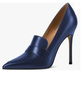 miss left Blue High Heel Loafer Pumps with Trim Closed Pointed Toe Slip on Shoe